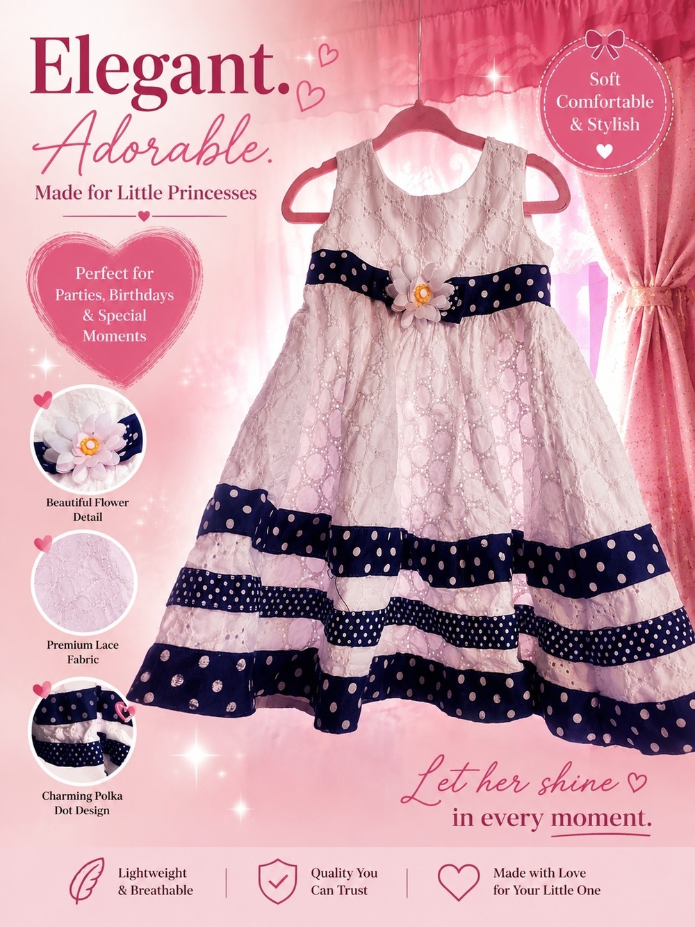 Blueberi Boulevard White Lace Dress with Navy Polka Dot Trim